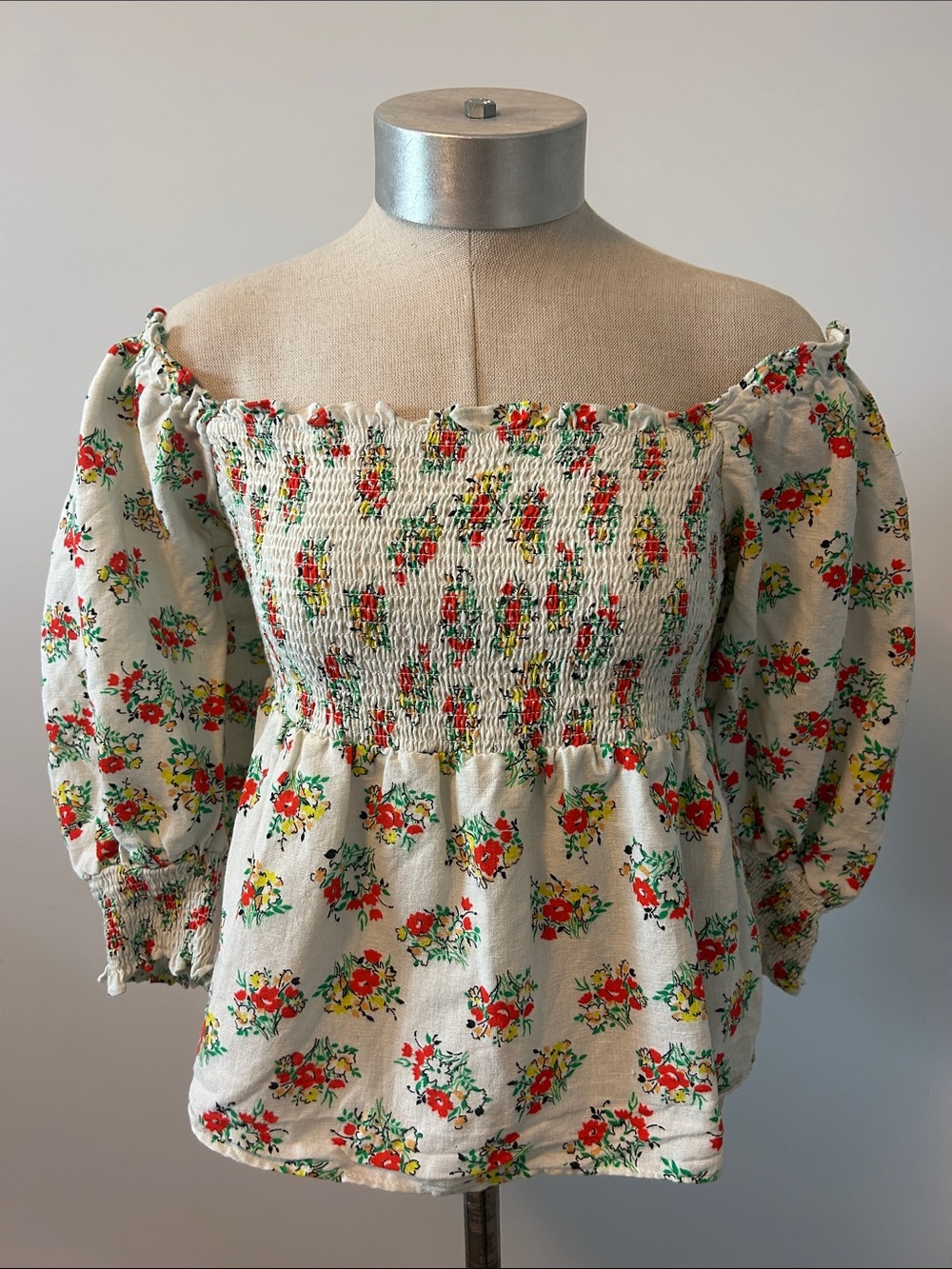 RIXO Katrina 100% Linen Floral Puff Sleeve Peplum Top‎ UK 10 US 6